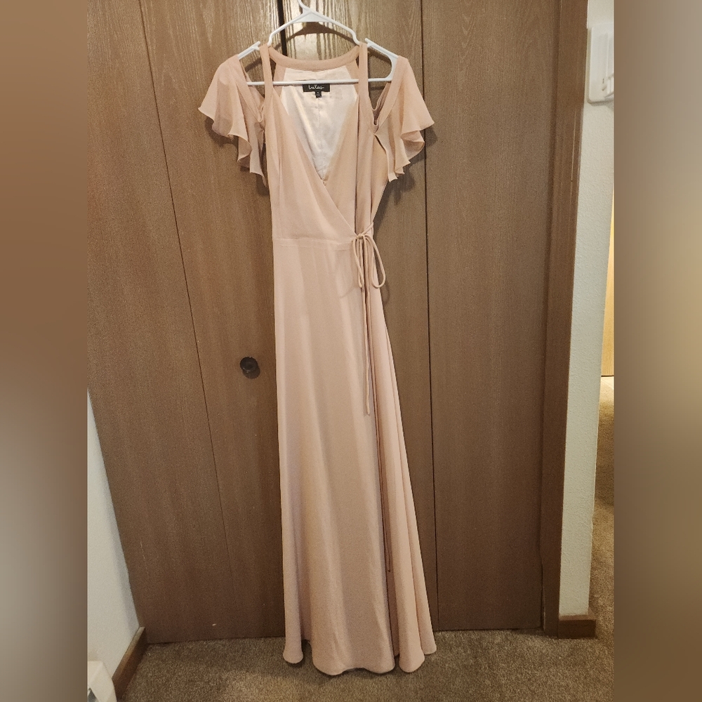 Lulus Sz S Easy Listening Blush Pale Pink Formal Cold-Shoulder Wrap Maxi Dress